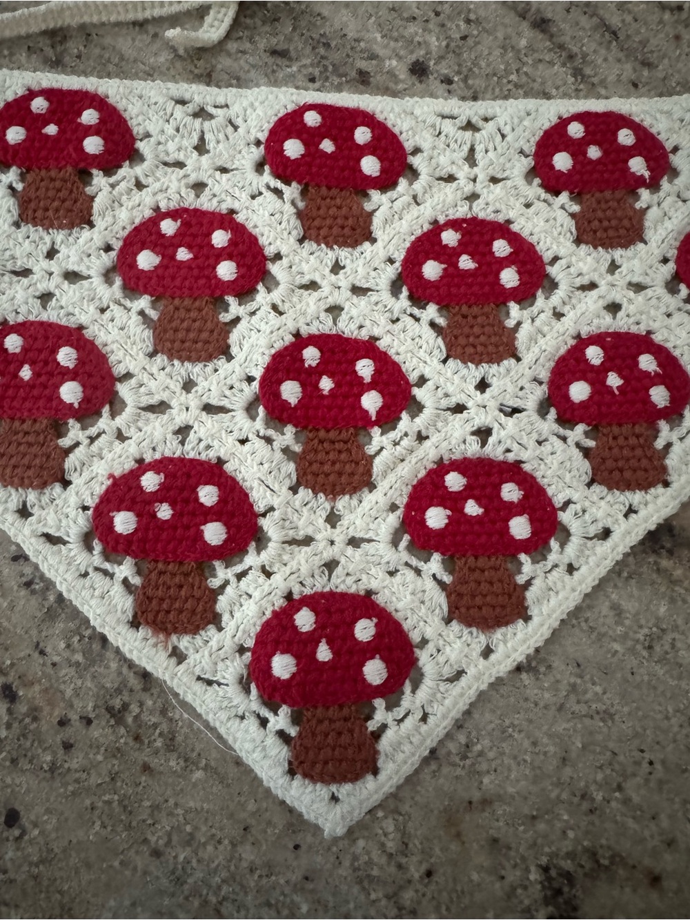 Handmade Cream Crochet Bandana with Red Mushroom Appliqués - Picture 2 of 3